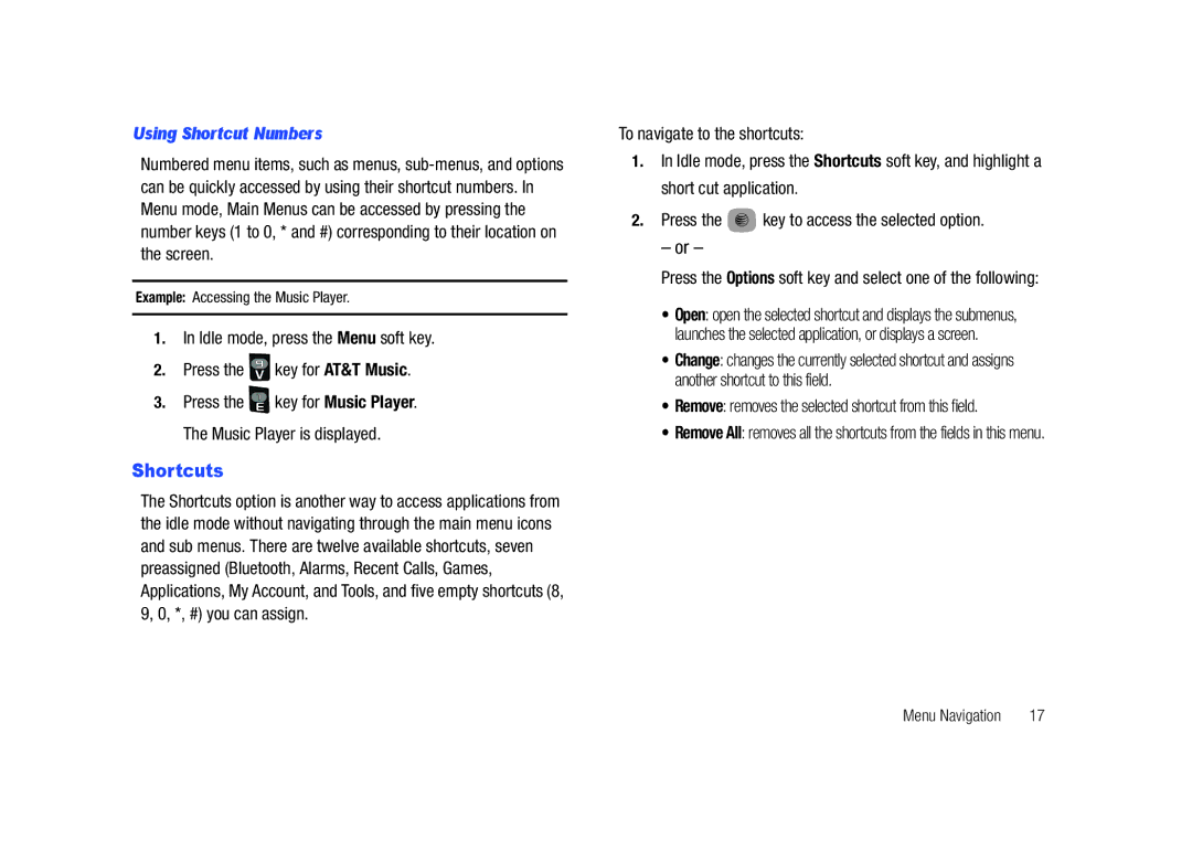 Samsung SGH-A687LBAATT user manual Shortcuts, Using Shortcut Numbers, Remove removes the selected shortcut from this field 