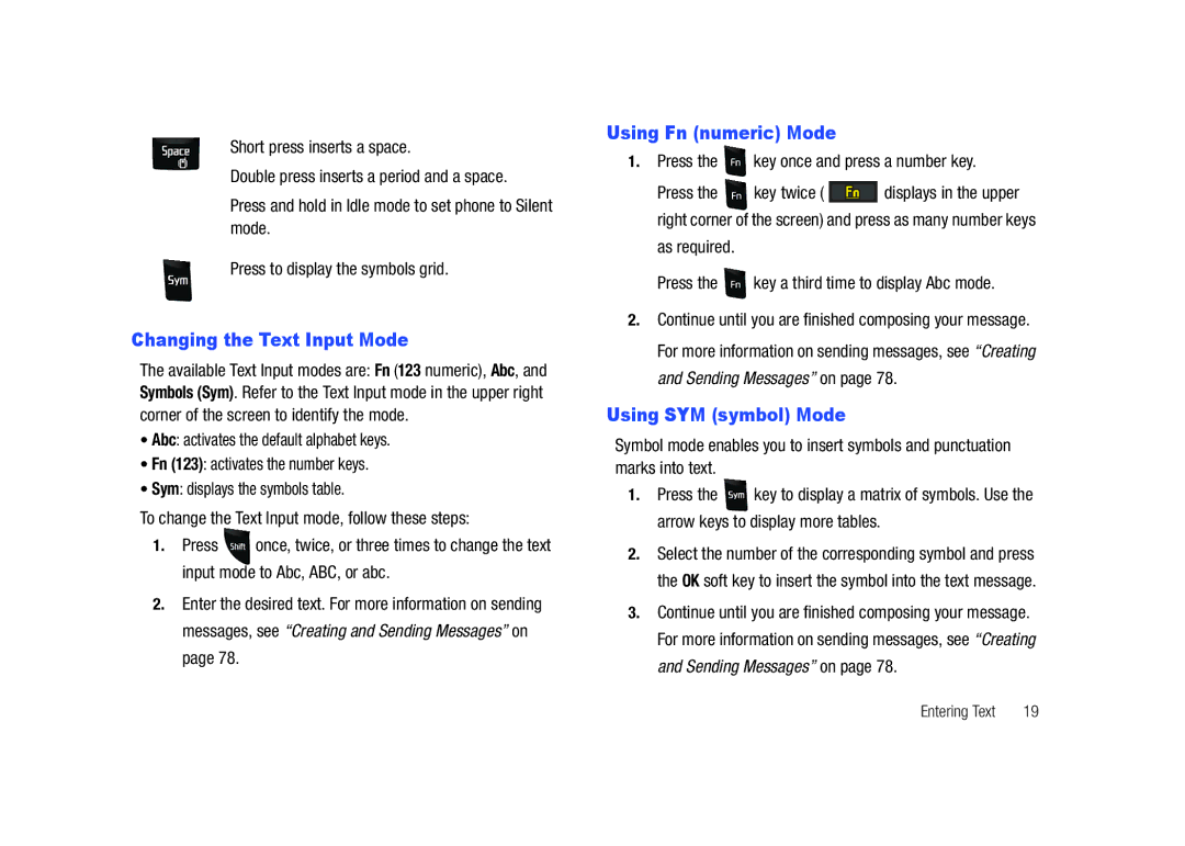 Samsung SGH-A687LBAATT user manual Changing the Text Input Mode, Using Fn numeric Mode, Using SYM symbol Mode 