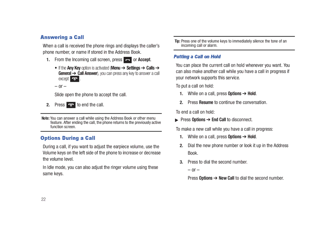 Samsung SGH-A687LBAATT user manual Answering a Call, Options During a Call, Putting a Call on Hold 