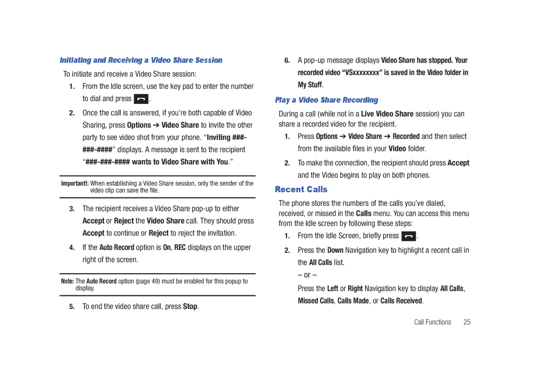 Samsung SGH-A687LBAATT user manual Recent Calls, Initiating and Receiving a Video Share Session, To dial and press 