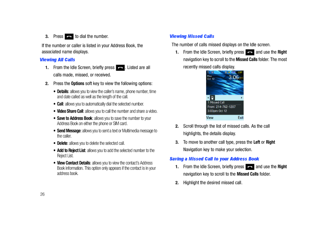 Samsung SGH-A687LBAATT user manual Viewing All Calls, Viewing Missed Calls, Saving a Missed Call to your Address Book 
