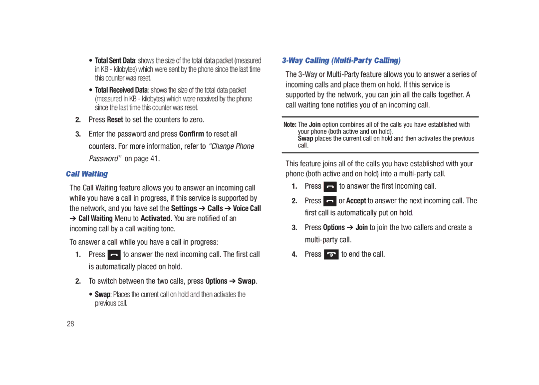 Samsung SGH-A687LBAATT user manual Press Reset to set the counters to zero, Call Waiting, Way Calling Multi-Party Calling 