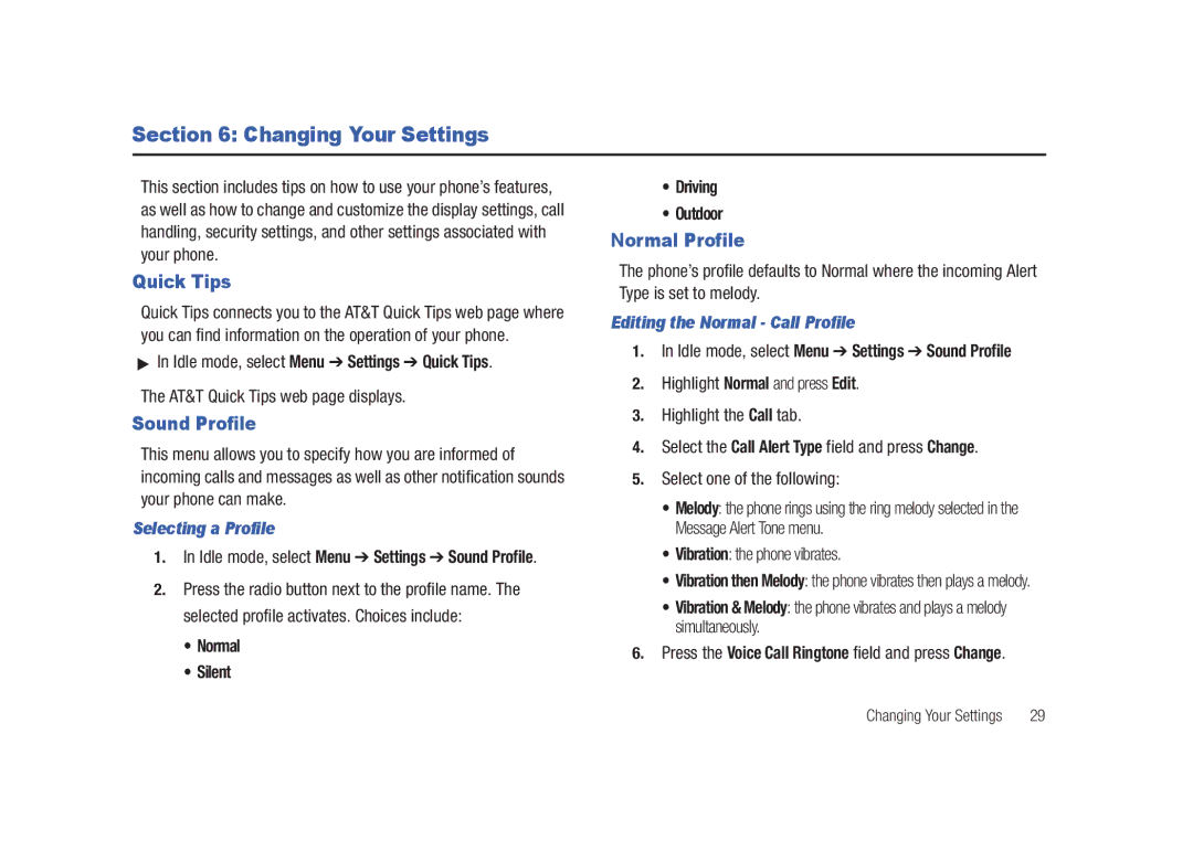 Samsung SGH-A687LBAATT user manual Changing Your Settings, Quick Tips, Sound Profile, Normal Profile 