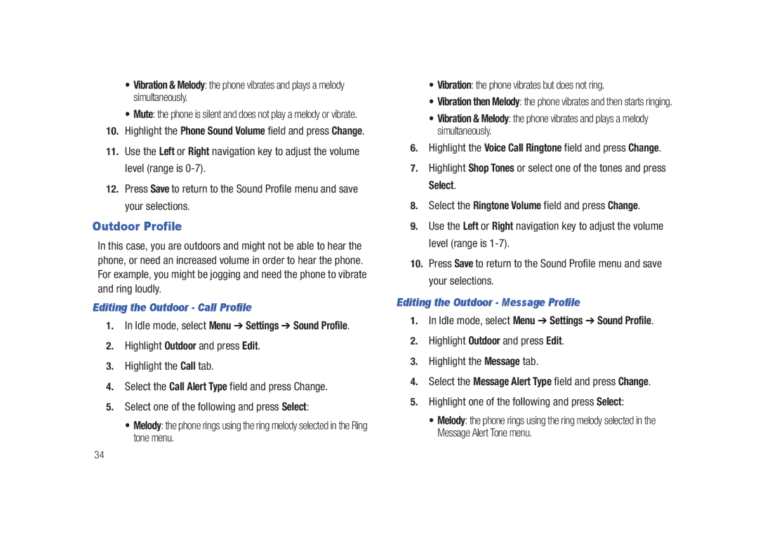 Samsung SGH-A687LBAATT user manual Outdoor Profile, Editing the Outdoor Call Profile, Editing the Outdoor Message Profile 