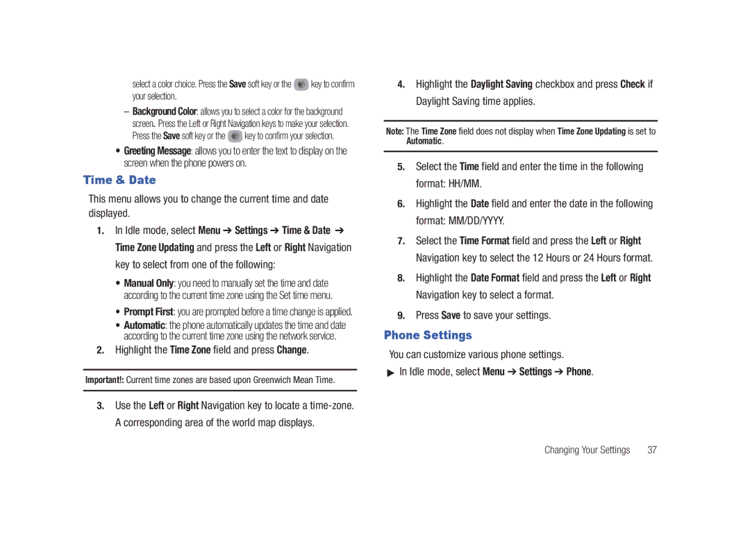 Samsung SGH-A687LBAATT user manual Time & Date, Phone Settings, Highlight the Time Zone field and press Change 