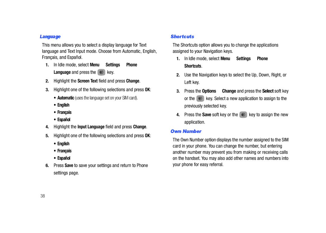 Samsung SGH-A687LBAATT Language, English Français Español, Idle mode, select Menu Settings Phone Shortcuts, Own Number 