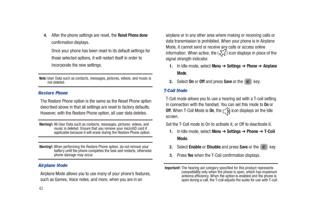 Samsung SGH-A687LBAATT user manual Restore Phone, Idle mode, select Menu Settings Phone Airplane Mode, Coil Mode 
