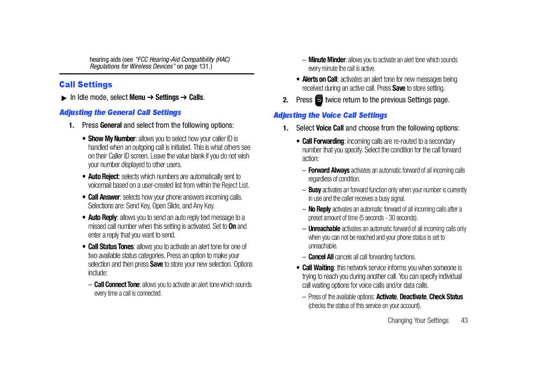 Samsung SGH-A687LBAATT user manual Adjusting the General Call Settings, Adjusting the Voice Call Settings 