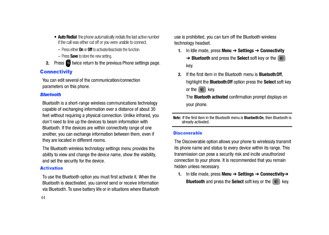 Samsung SGH-A687LBAATT user manual Connectivity, Press Save to store the new setting, Bluetooth, Or the key 