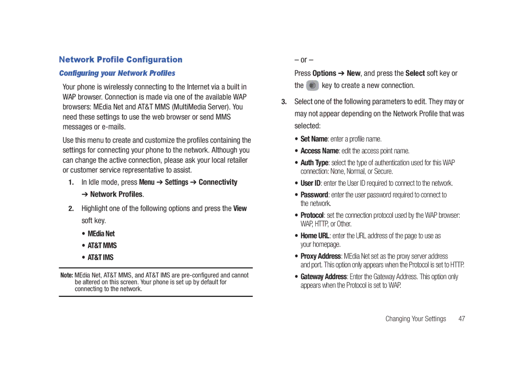 Samsung SGH-A687LBAATT user manual Network Profile Configuration, Configuring your Network Profiles, MEdia Net 