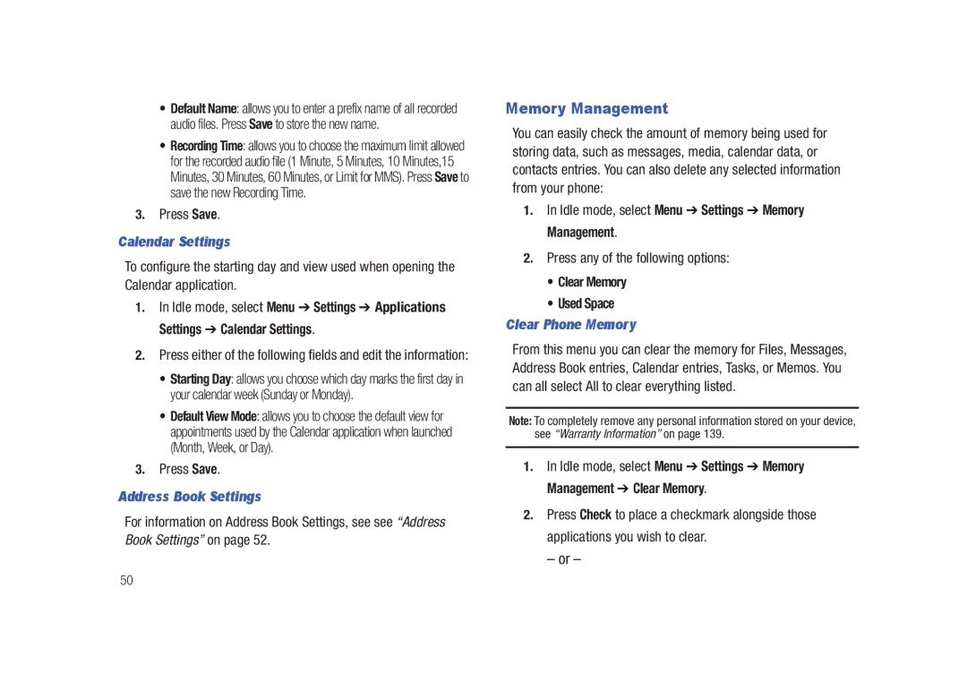 Samsung SGH-A687LBAATT user manual Memory Management, Calendar Settings, Address Book Settings, Clear Phone Memory 