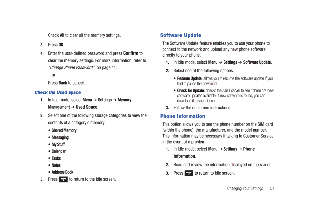 Samsung SGH-A687LBAATT user manual Software Update, Phone Information, Check the Used Space 