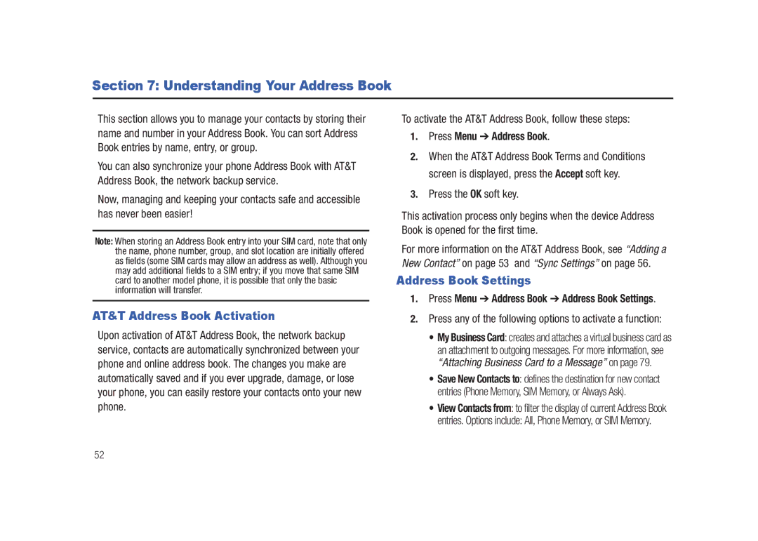 Samsung SGH-A687LBAATT user manual Understanding Your Address Book, AT&T Address Book Activation, Address Book Settings 