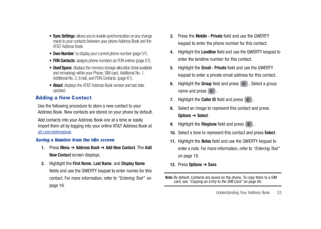 Samsung SGH-A687LBAATT user manual Adding a New Contact, Saving a Number from the Idle screen, Press Options Save 