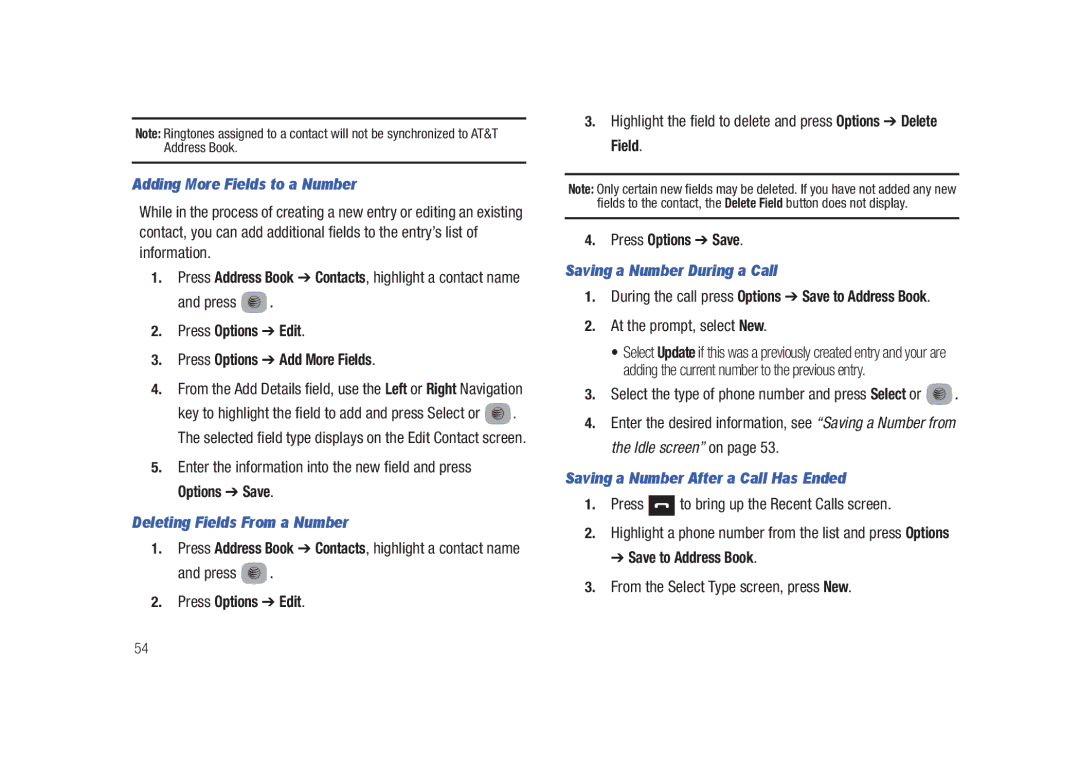 Samsung SGH-A687LBAATT Adding More Fields to a Number, Deleting Fields From a Number, Saving a Number During a Call 