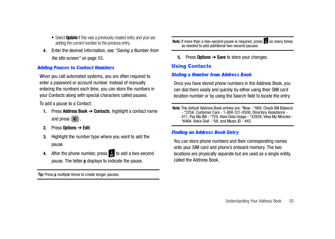 Samsung SGH-A687LBAATT Using Contacts, Adding Pauses to Contact Numbers, Press Options Edit, Finding an Address Book Entry 