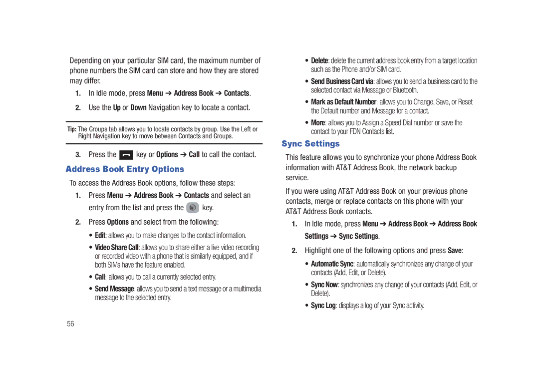 Samsung SGH-A687LBAATT Address Book Entry Options, Sync Settings, To access the Address Book options, follow these steps 