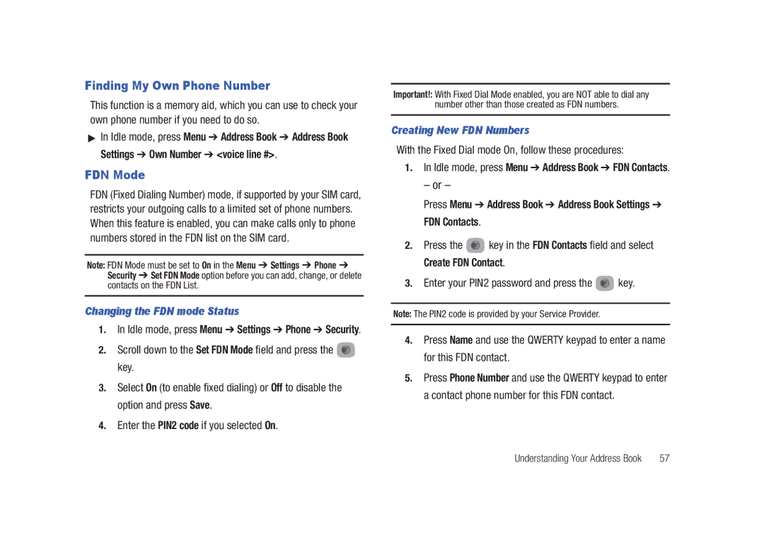 Samsung SGH-A687LBAATT Finding My Own Phone Number, FDN Mode, Changing the FDN mode Status, Creating New FDN Numbers 