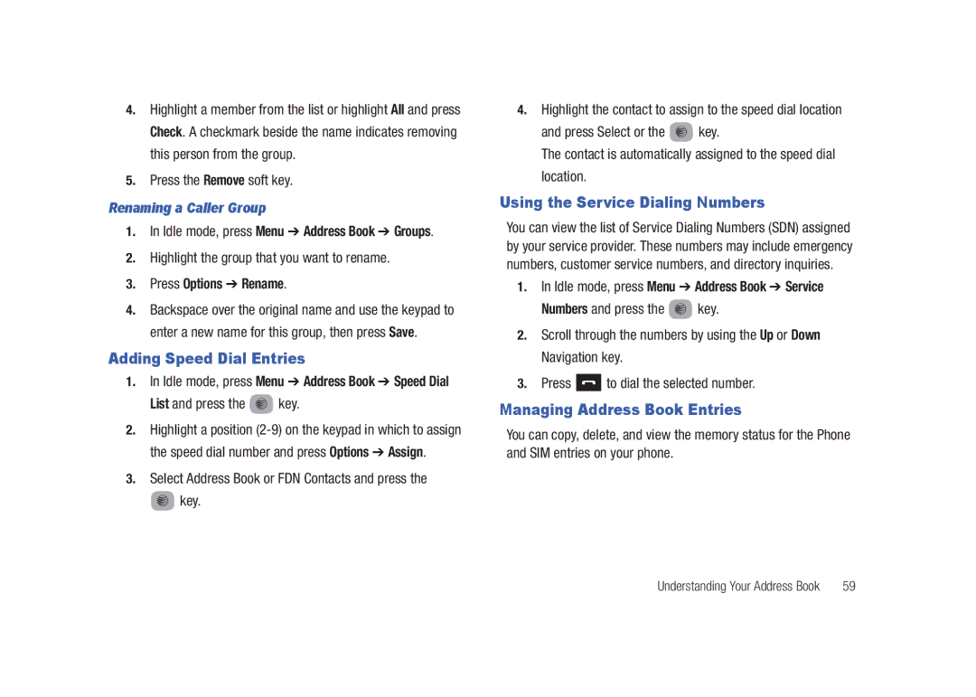 Samsung SGH-A687LBAATT Adding Speed Dial Entries, Using the Service Dialing Numbers, Managing Address Book Entries 