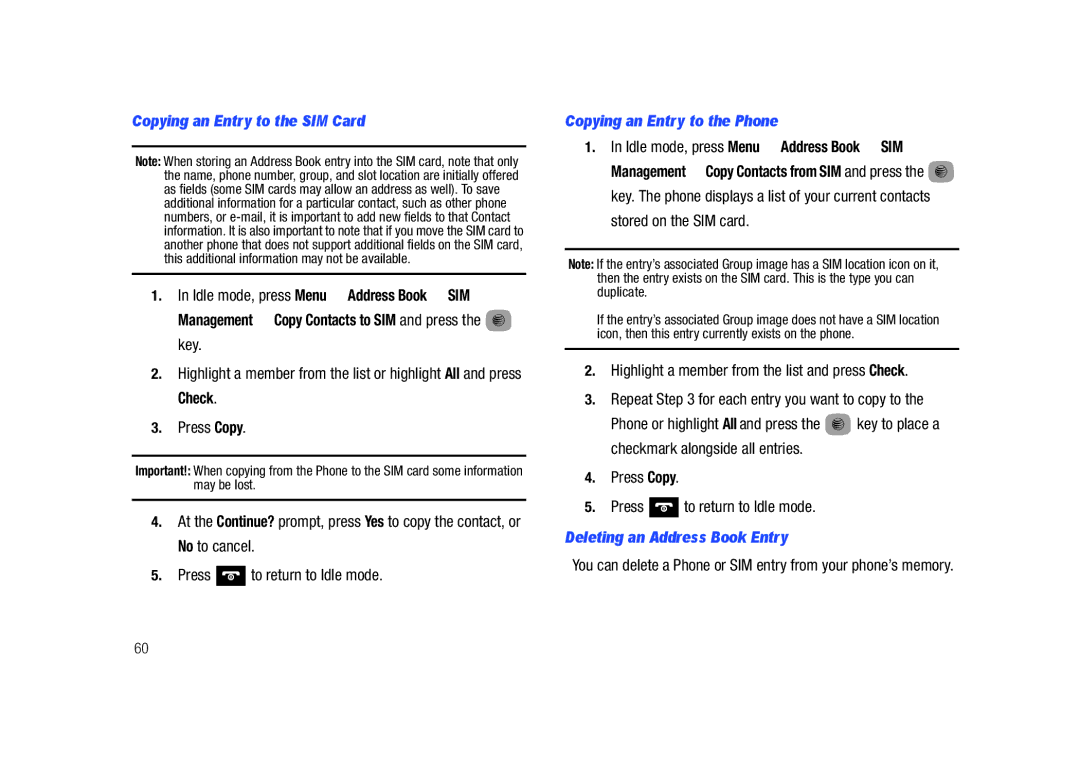 Samsung SGH-A687LBAATT user manual Copying an Entry to the SIM Card, Copying an Entry to the Phone, Stored on the SIM card 