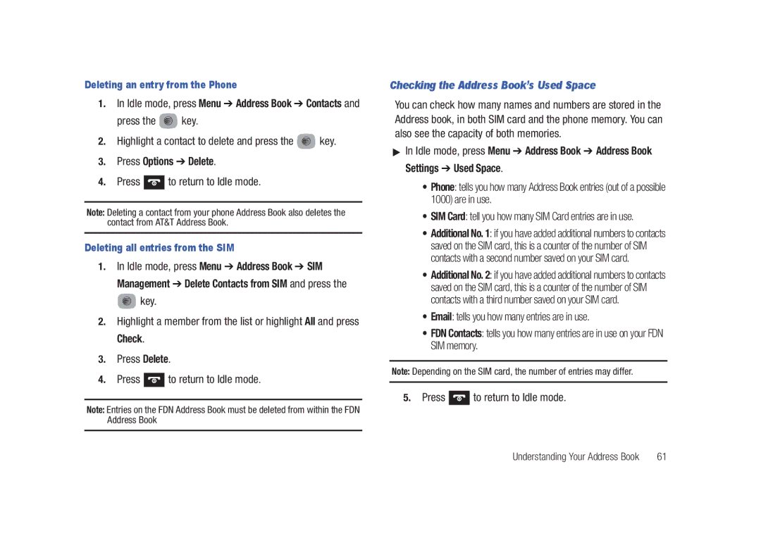 Samsung SGH-A687LBAATT user manual Press Options Delete, Checking the Address Book’s Used Space 