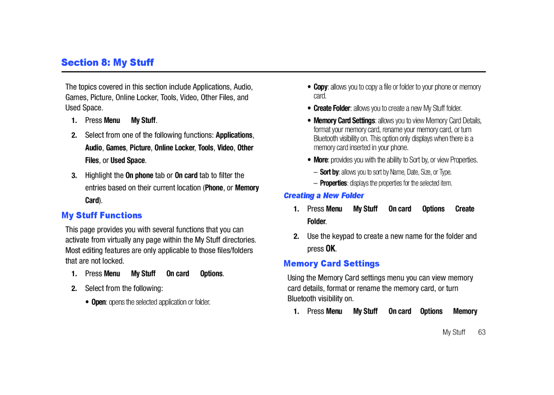 Samsung SGH-A687LBAATT user manual My Stuff Functions, Memory Card Settings, Creating a New Folder 