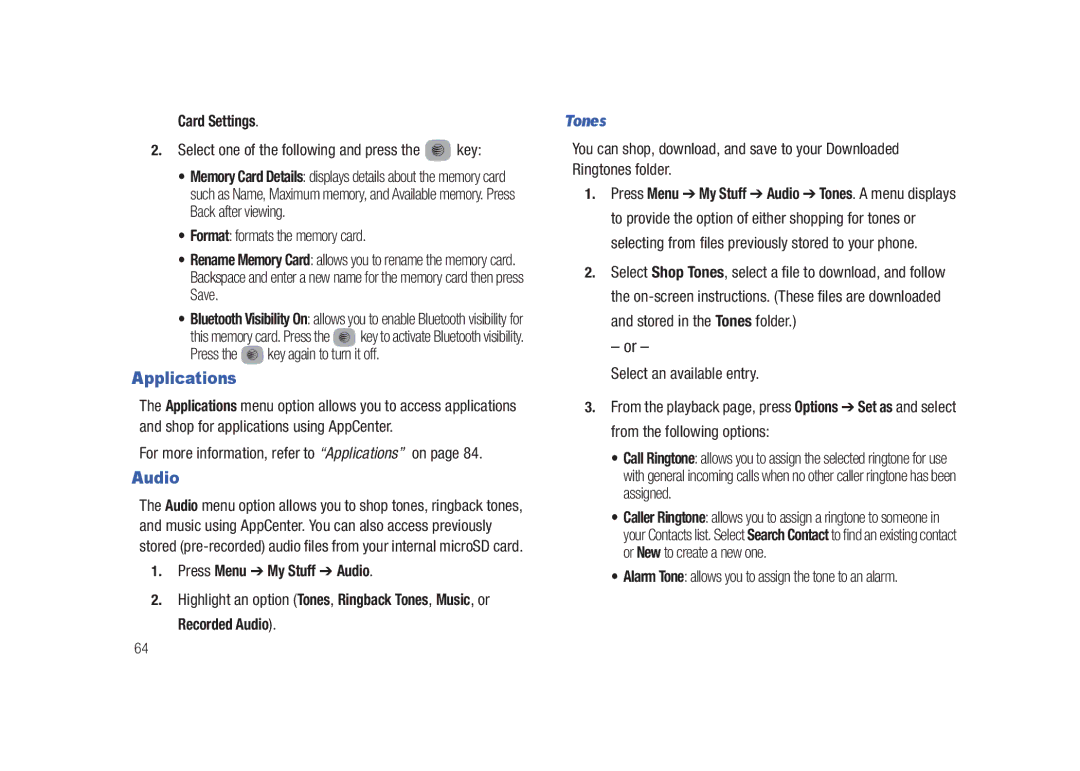 Samsung SGH-A687LBAATT user manual Applications, Audio, Card Settings, Tones 