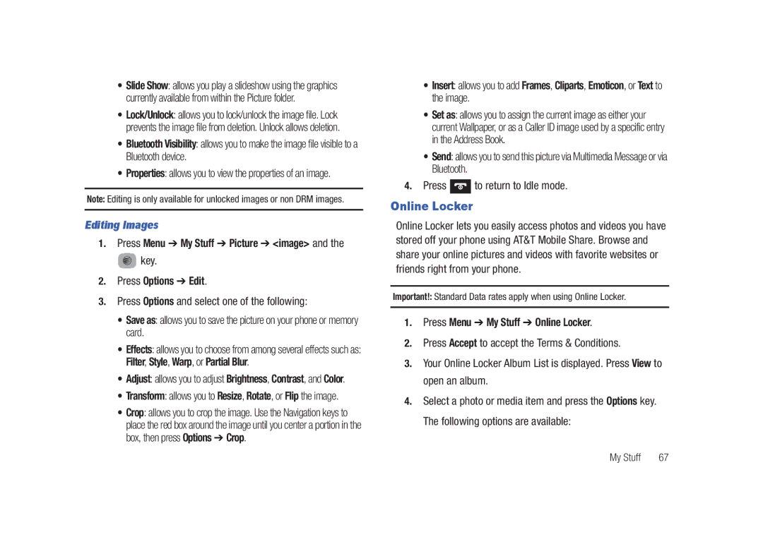 Samsung SGH-A687LBAATT user manual Editing Images, Press Menu My Stuff Online Locker 