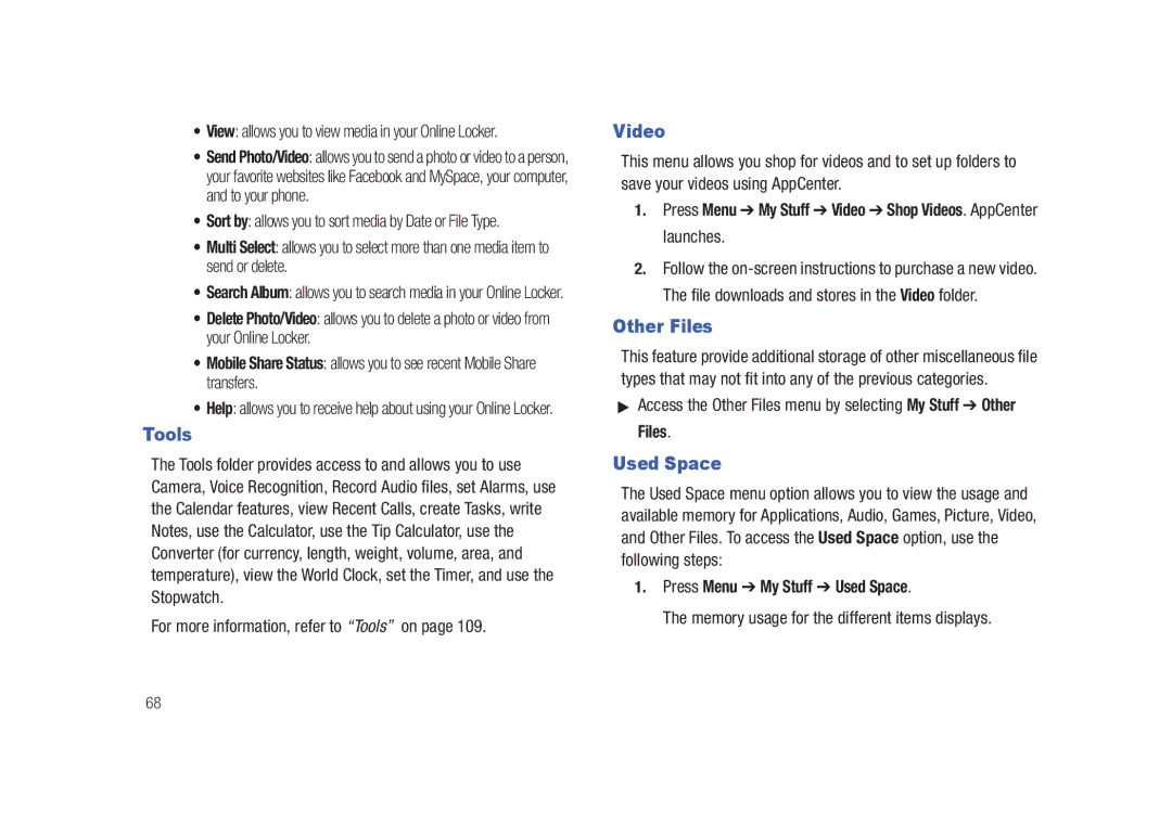 Samsung SGH-A687LBAATT user manual Tools, Video, Other Files, Used Space 