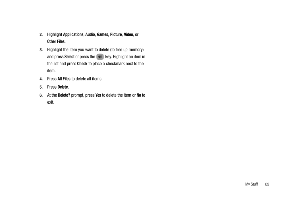 Samsung SGH-A687LBAATT user manual Highlight the item you want to delete to free up memory 