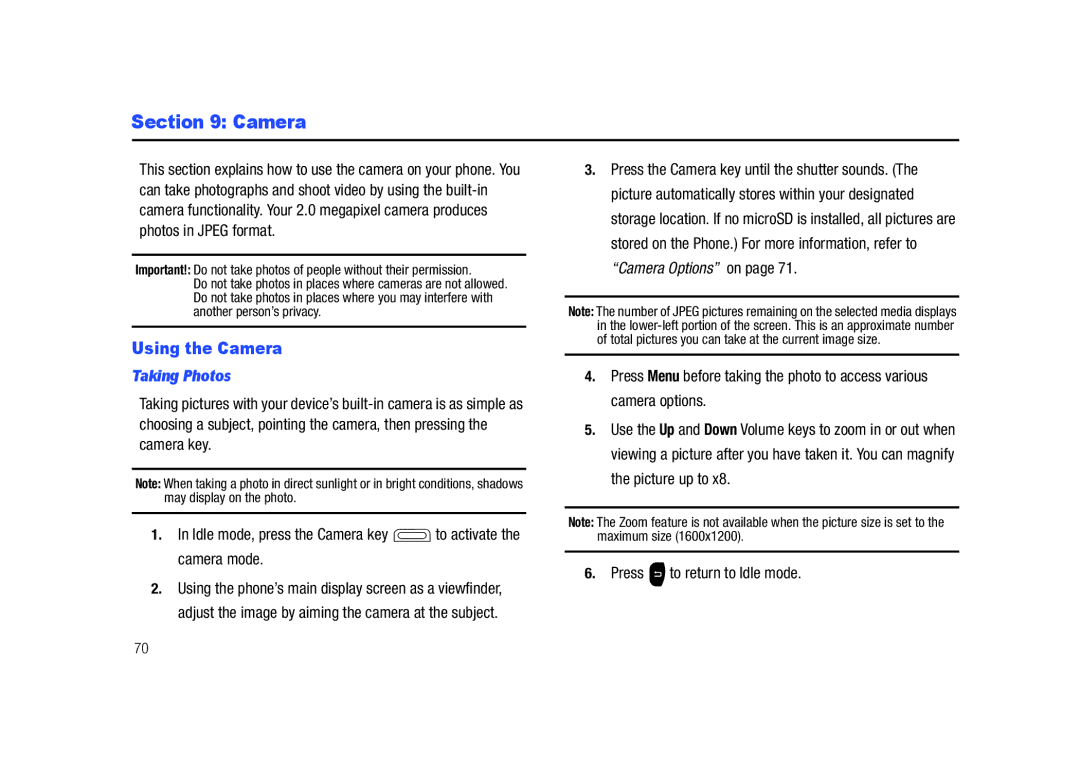 Samsung SGH-A687LBAATT user manual Using the Camera, Taking Photos 