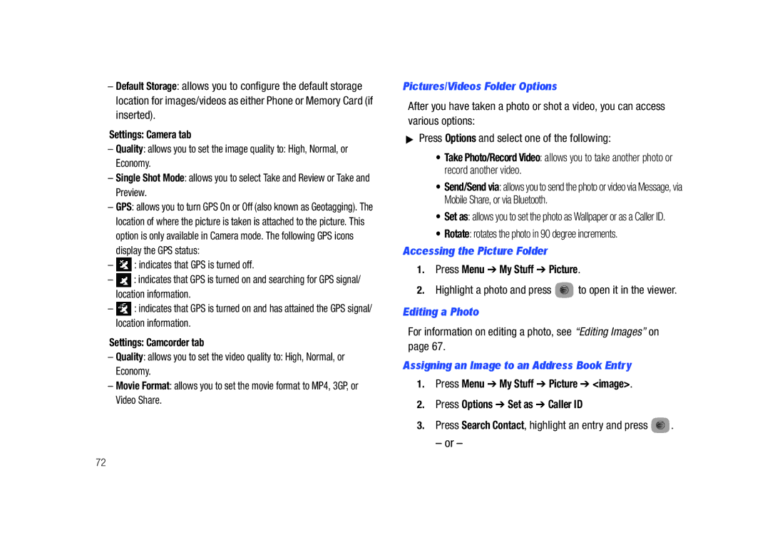 Samsung SGH-A687LBAATT user manual Pictures/Videos Folder Options, Accessing the Picture Folder, Editing a Photo 