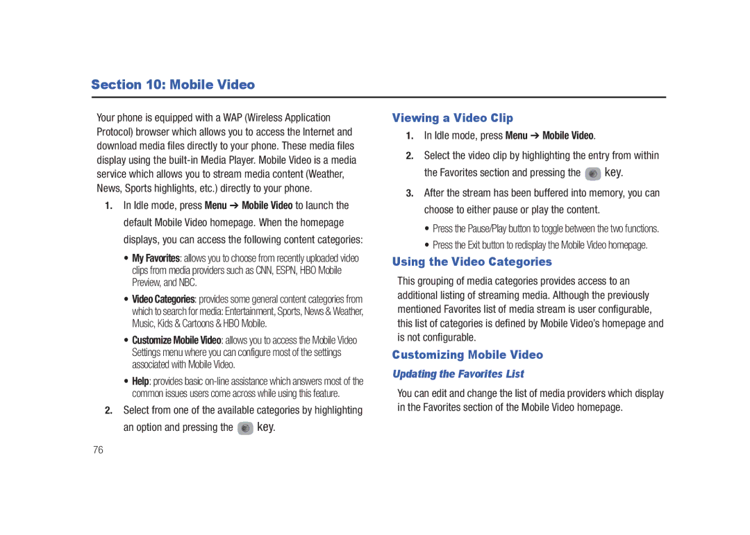 Samsung SGH-A687LBAATT user manual Viewing a Video Clip, Using the Video Categories, Customizing Mobile Video 