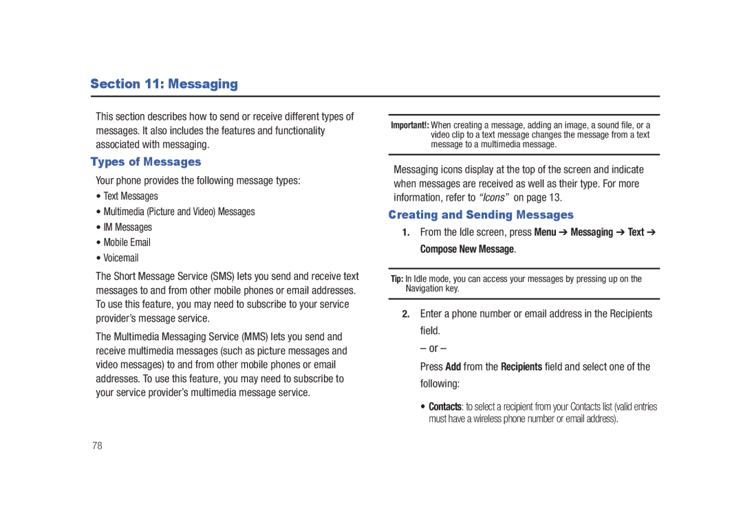 Samsung SGH-A687LBAATT user manual Messaging, Types of Messages, Creating and Sending Messages, Following 