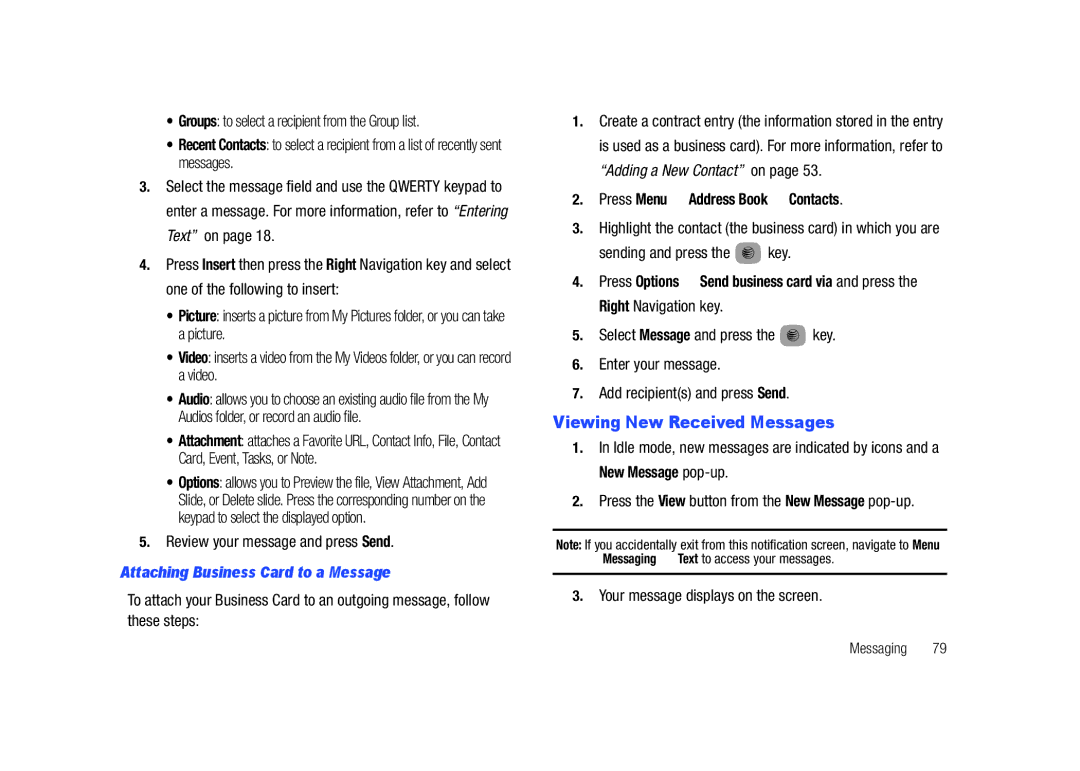 Samsung SGH-A687LBAATT user manual Viewing New Received Messages, Attaching Business Card to a Message 