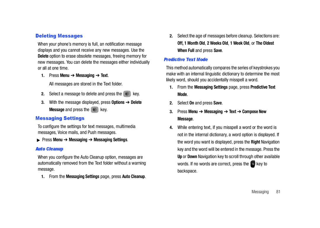 Samsung SGH-A687LBAATT user manual Deleting Messages, Messaging Settings, Auto Cleanup, Predictive Text Mode 