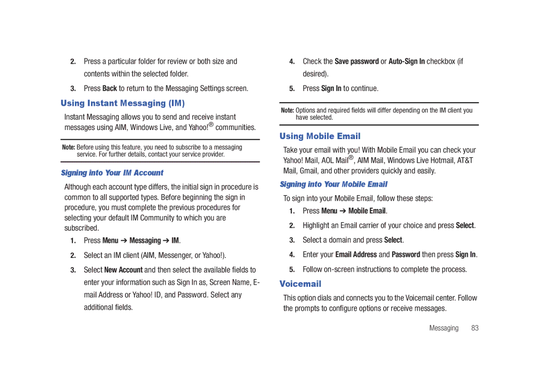 Samsung SGH-A687LBAATT user manual Using Instant Messaging IM, Using Mobile Email, Voicemail, Signing into Your IM Account 