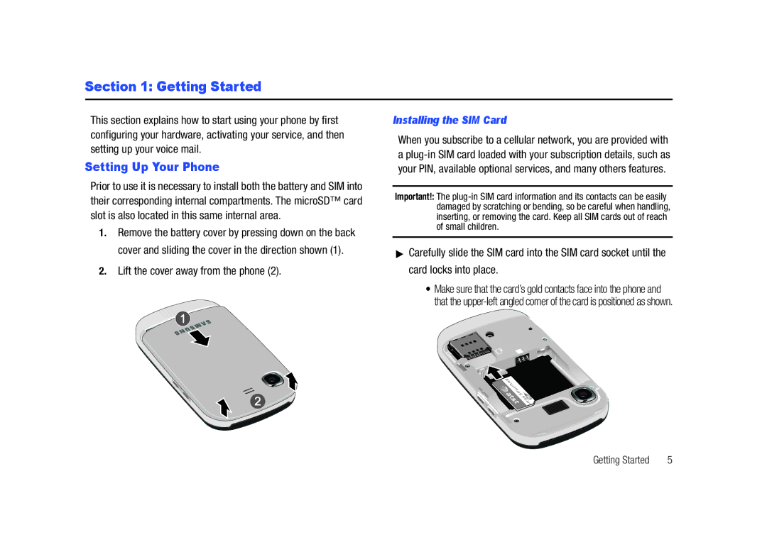 Samsung SGH-A687LBAATT Getting Started, Setting Up Your Phone, Lift the cover away from the phone, Installing the SIM Card 