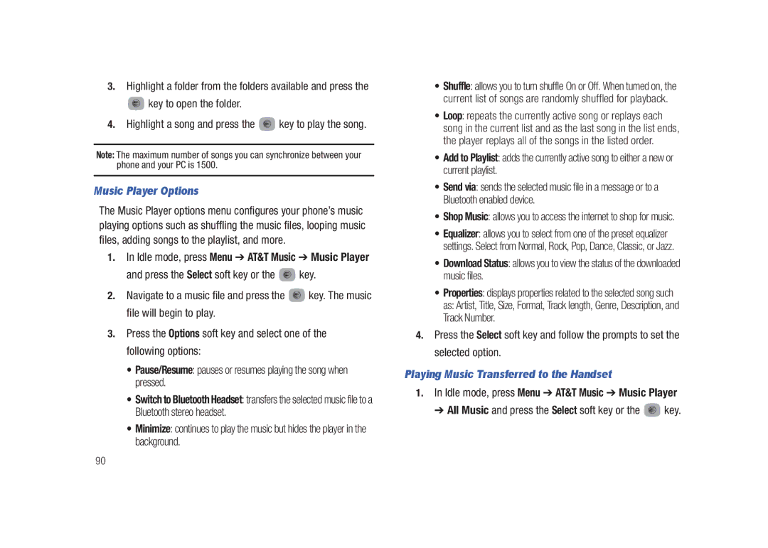 Samsung SGH-A687LBAATT user manual Key to open the folder, Music Player Options, Playing Music Transferred to the Handset 