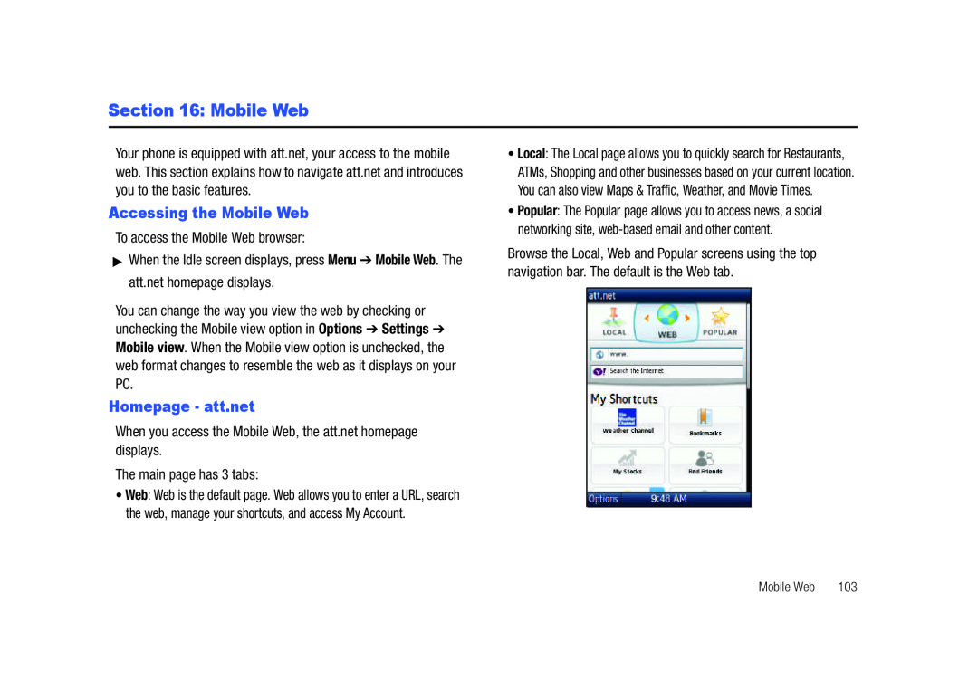 Samsung SGH-A687LBAATT user manual Accessing the Mobile Web, Homepage - att.net, To access the Mobile Web browser 