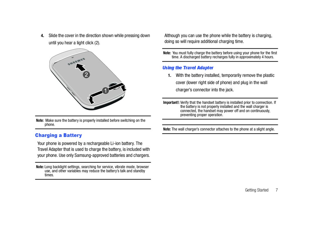 Samsung SGH-A687LBAATT user manual Charging a Battery, Using the Travel Adapter 
