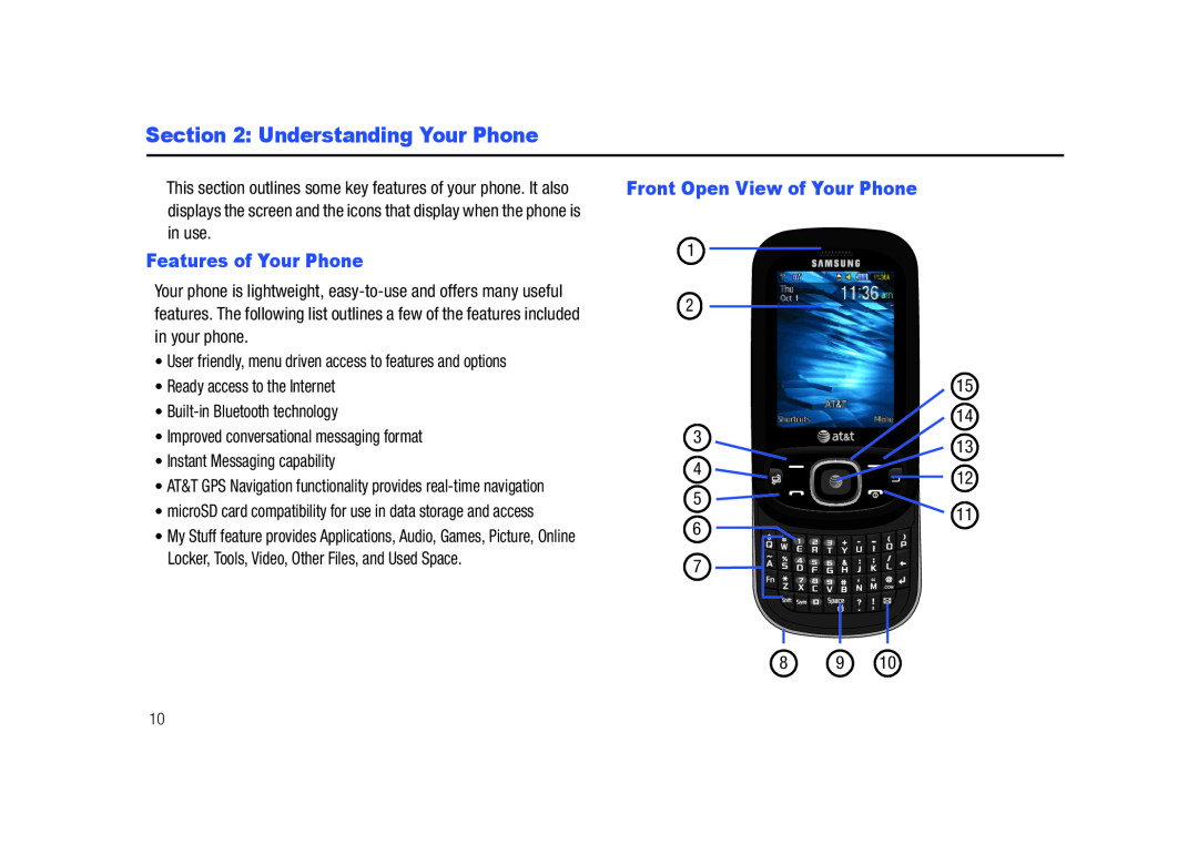 Samsung SGH-A687LBAATT user manual Understanding Your Phone, Features of Your Phone, Front Open View of Your Phone 