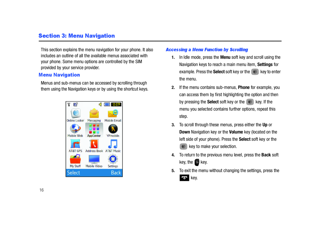 Samsung SGH-A687LBAATT user manual Menu Navigation, Accessing a Menu Function by Scrolling, step 