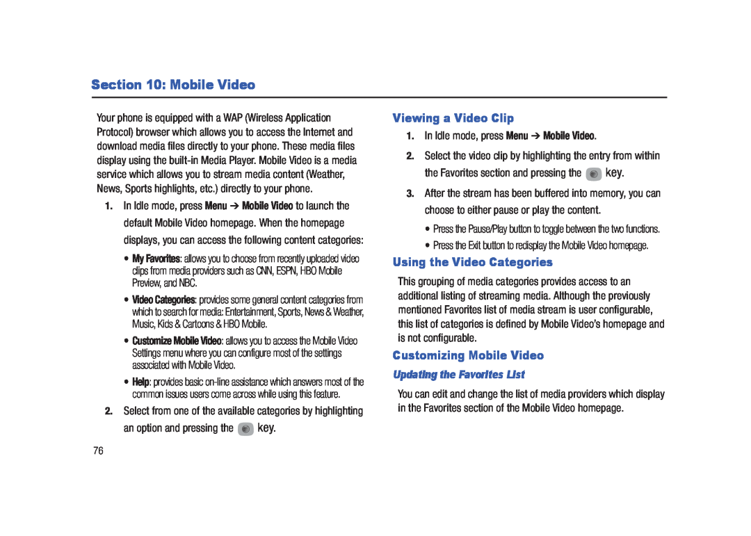 Samsung SGH-A687LBAATT user manual Viewing a Video Clip, Using the Video Categories, Customizing Mobile Video 