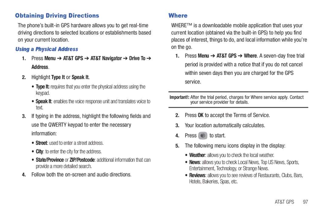 Samsung SGH-A687ZPAATT user manual Obtaining Driving Directions, Where, Using a Physical Address 