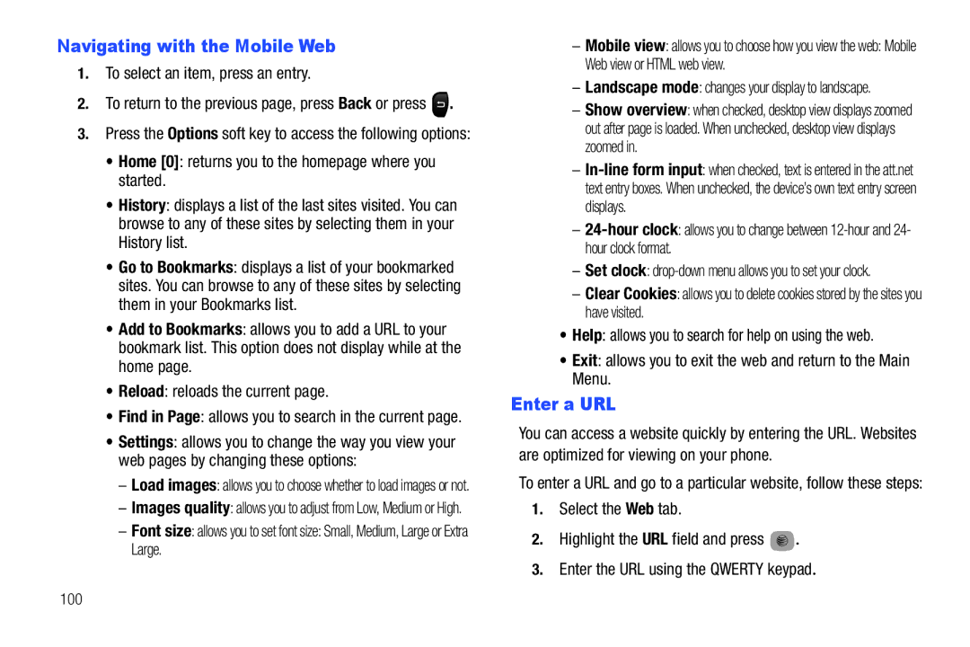 Samsung SGH-A687ZPAATT user manual Navigating with the Mobile Web, Enter a URL, To select an item, press an entry 