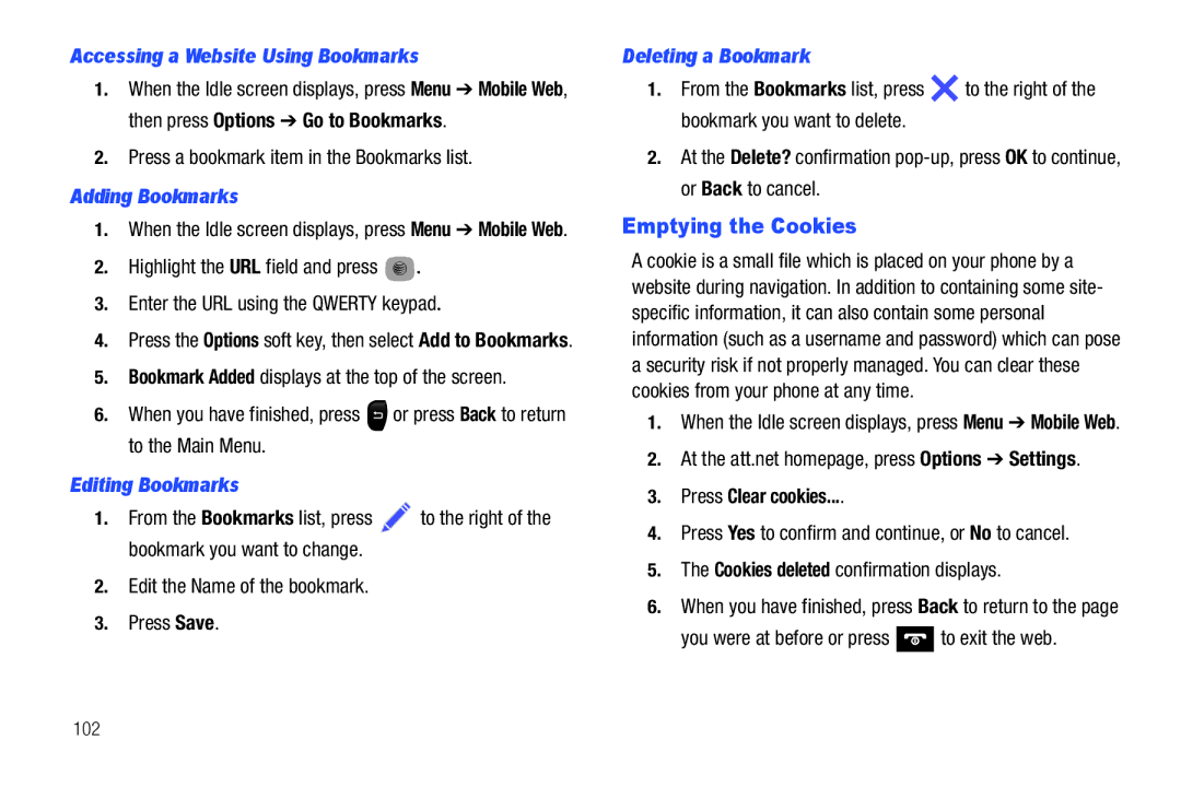 Samsung SGH-A687ZPAATT Emptying the Cookies, Accessing a Website Using Bookmarks, Adding Bookmarks, Editing Bookmarks 