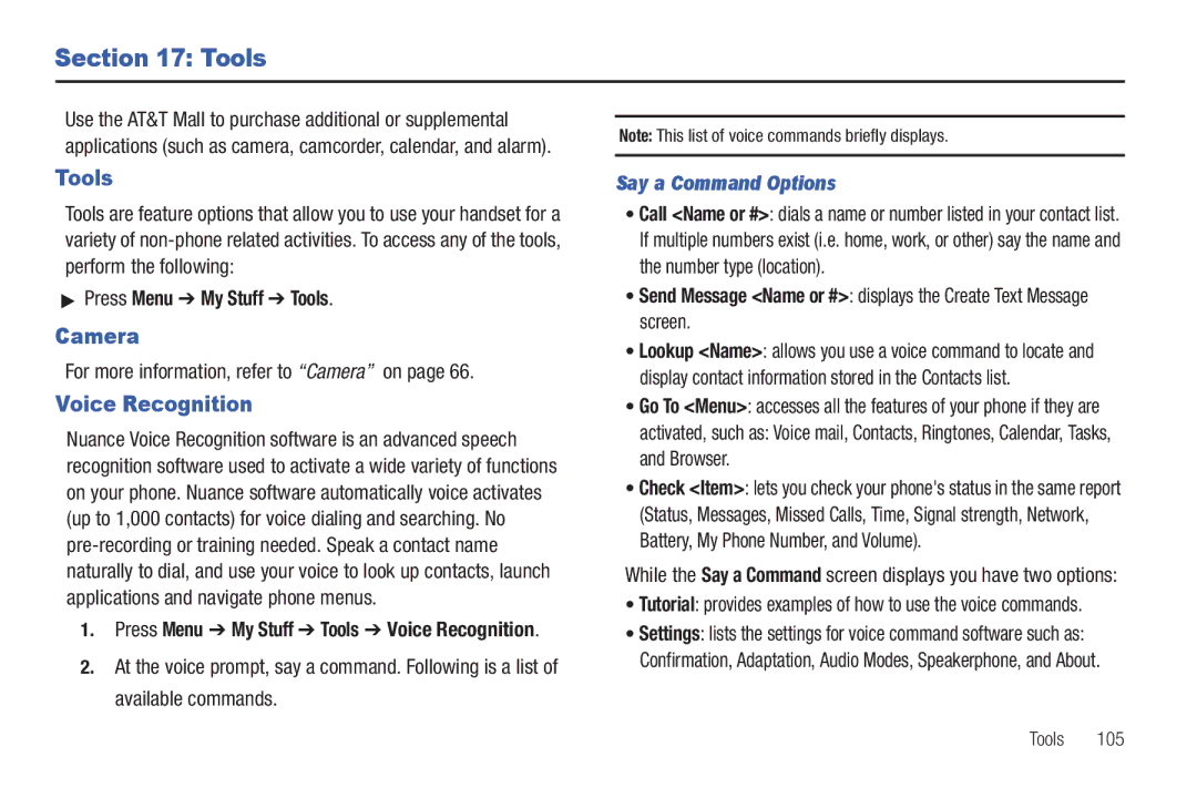 Samsung SGH-A687ZPAATT user manual Camera, Voice Recognition, Press Menu My Stuff Tools, Say a Command Options 