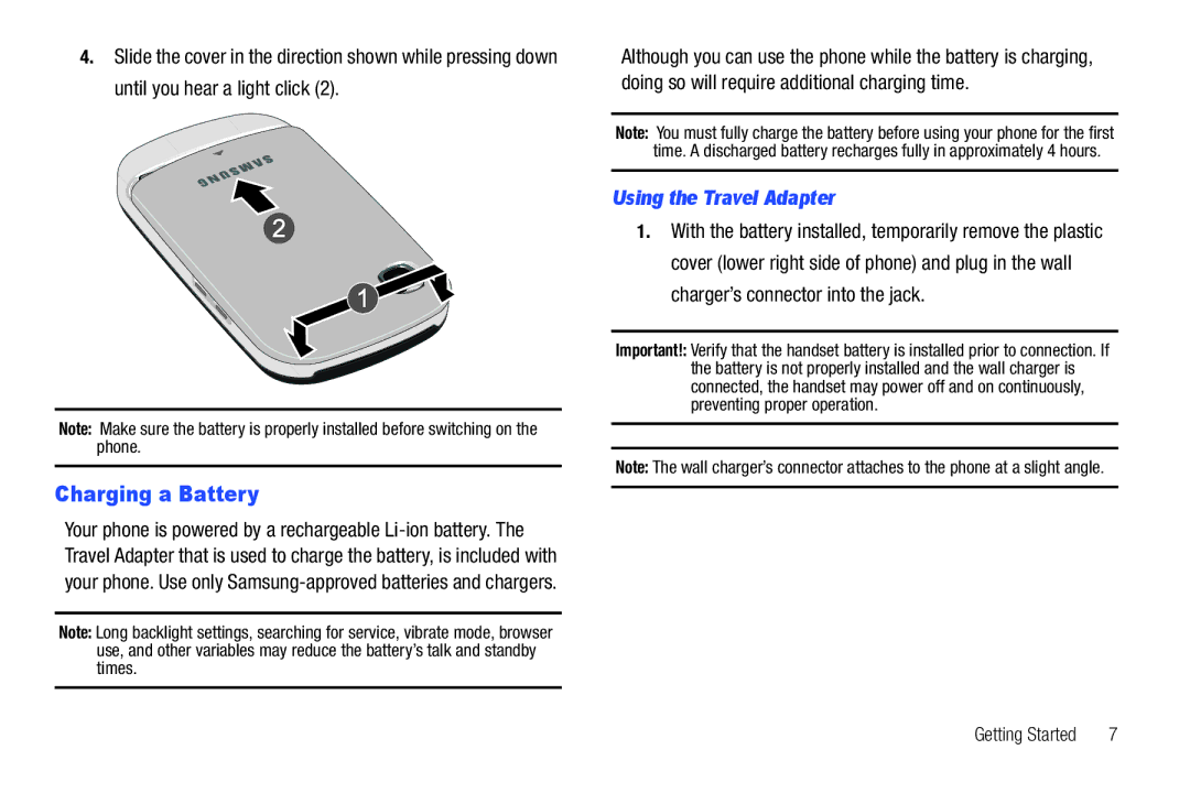 Samsung SGH-A687ZPAATT user manual Charging a Battery, Using the Travel Adapter 