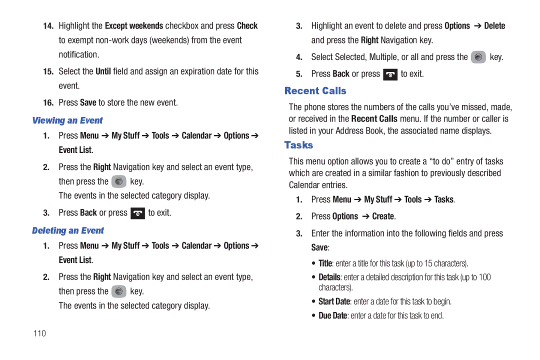 Samsung SGH-A687ZPAATT Tasks, Viewing an Event, Press Menu My Stuff Tools Calendar Options Event List, Deleting an Event 